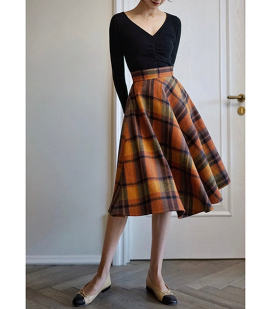 Fall Shadows Plaid Wool Vintage-Academia Skirt