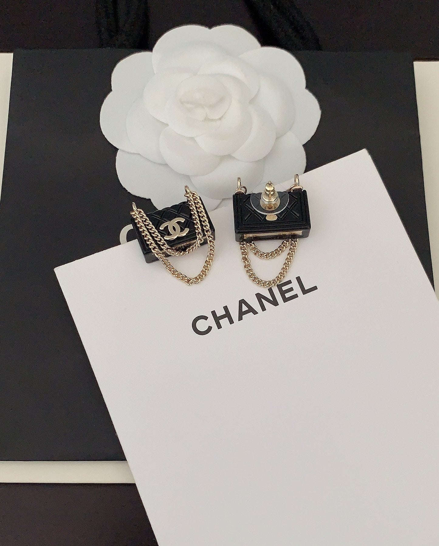 18K Chanel Black Bag Pendant Earrings