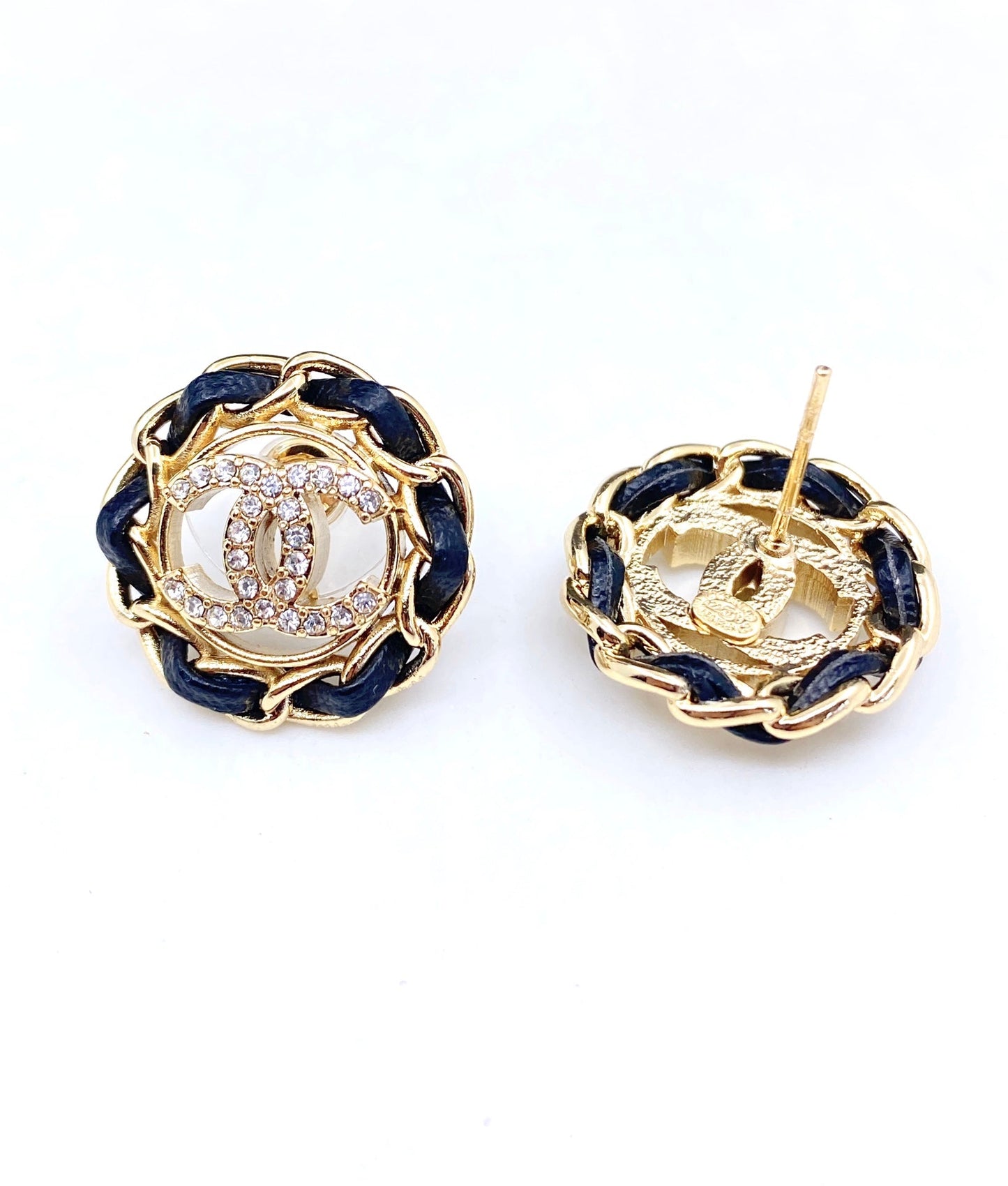 18K Chanel Black Leather Earrings