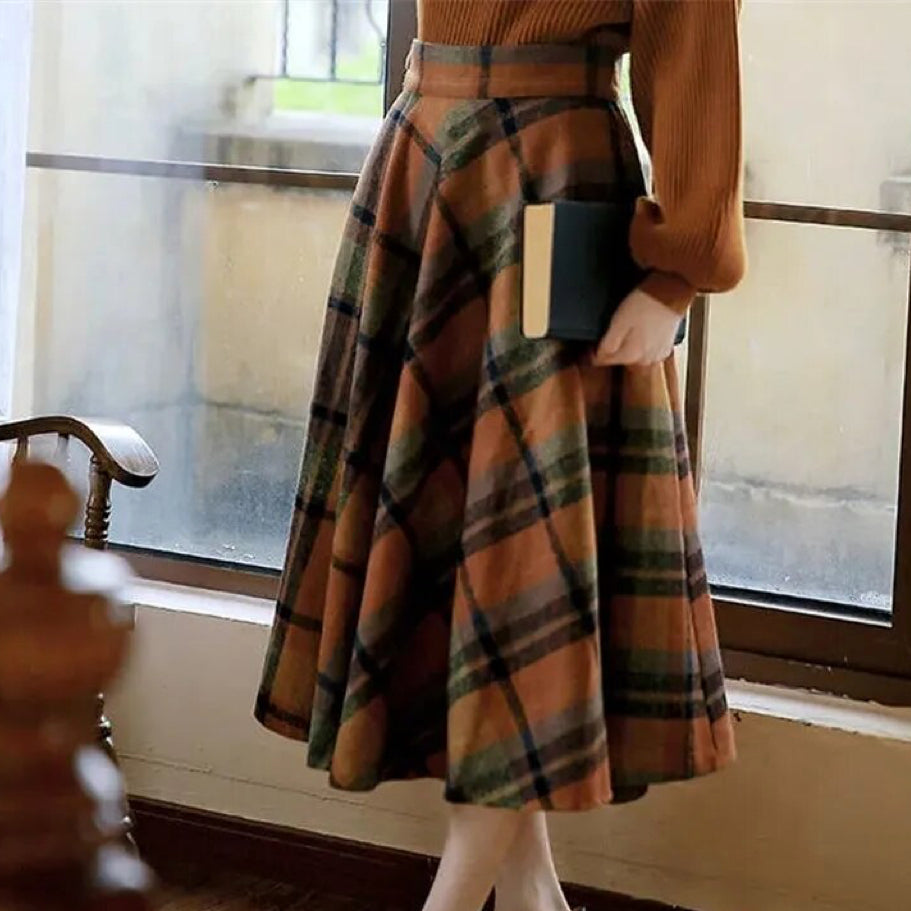 Fall Shadows Plaid Wool Vintage-Academia Skirt