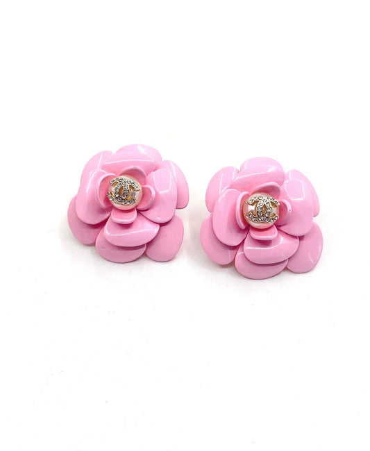 18K  Chanel Pink Camellia Resin Earrings