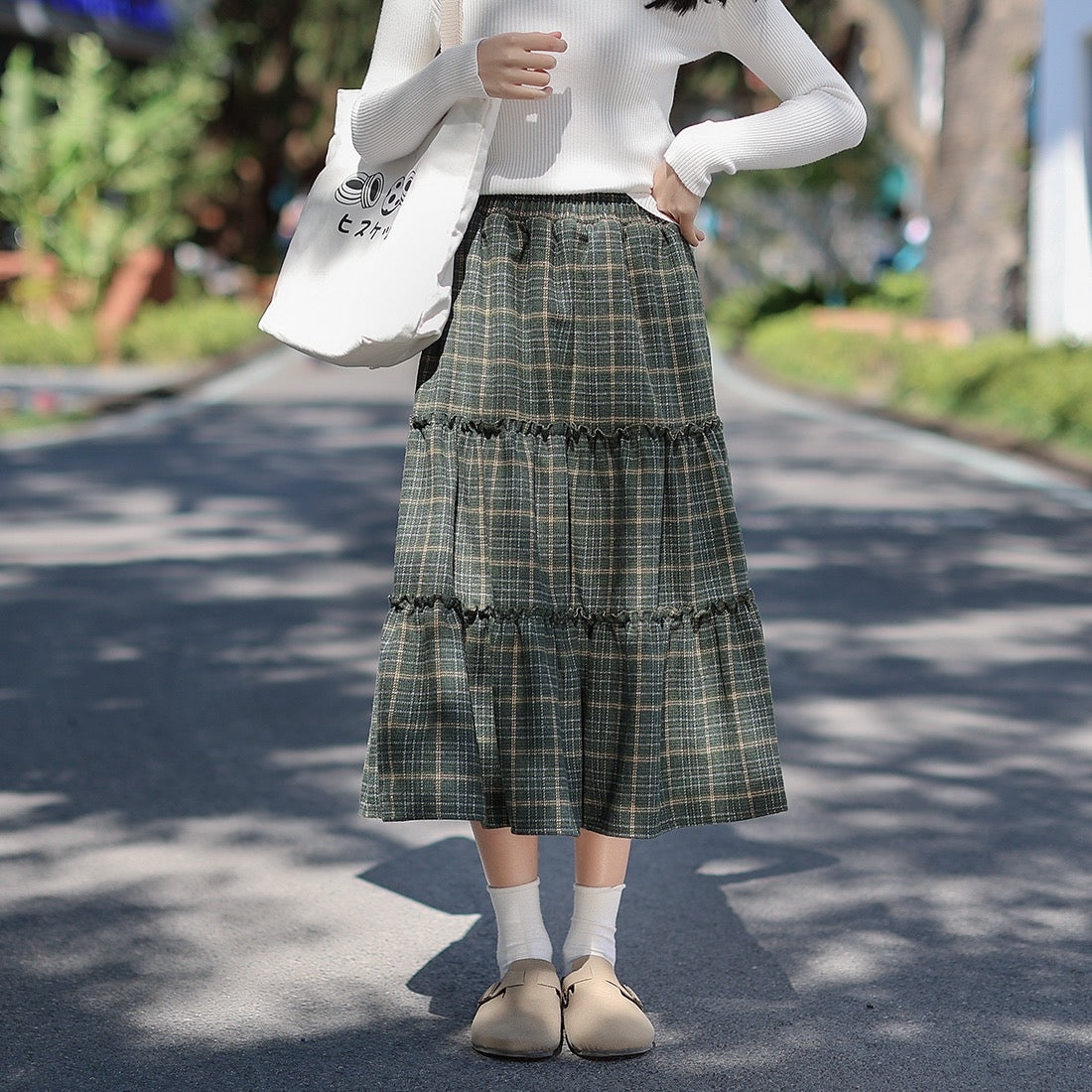 Goblincore Forest Green Plaid Wool Fall Skirt