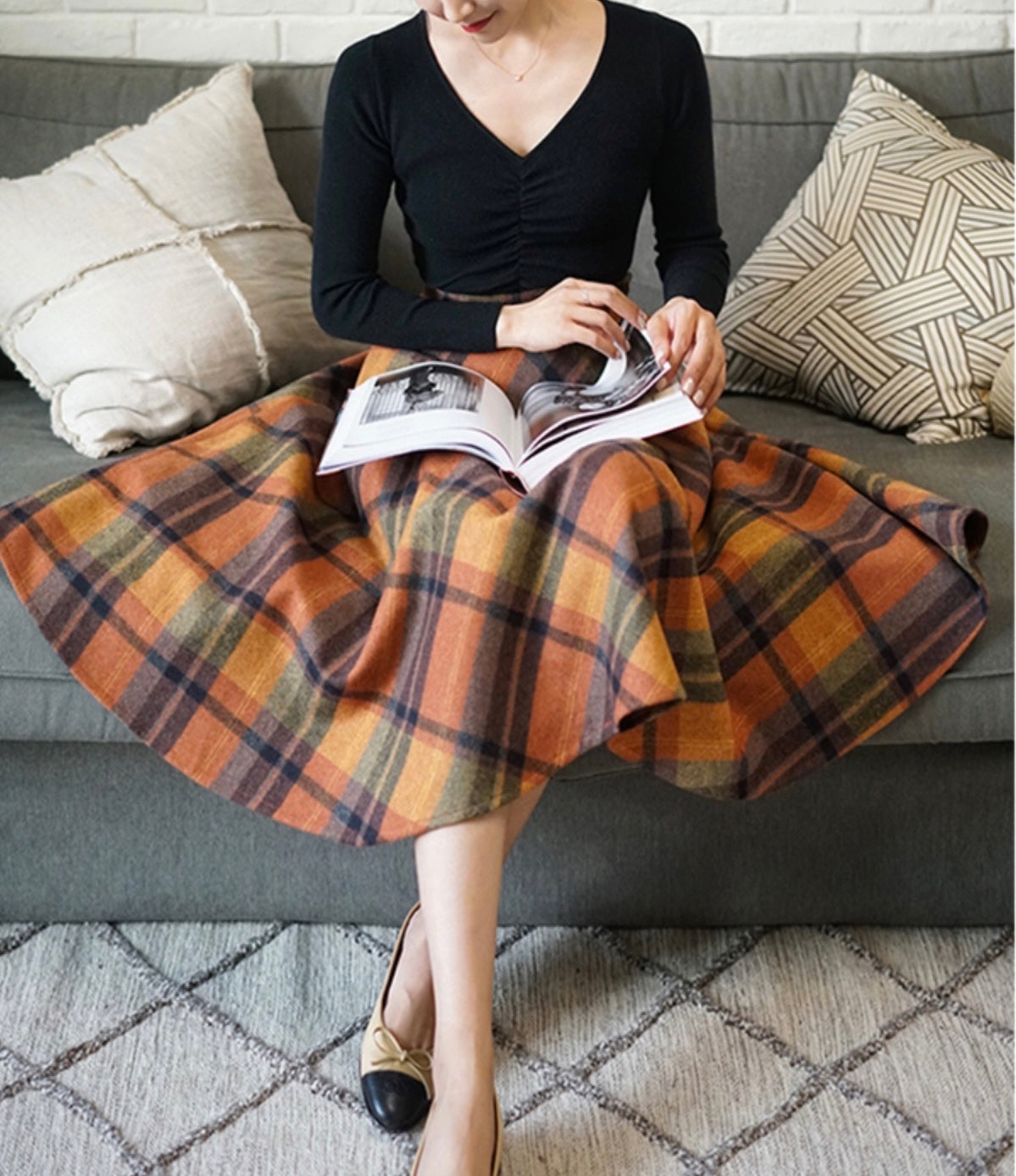 Fall Shadows Plaid Wool Vintage-Academia Skirt