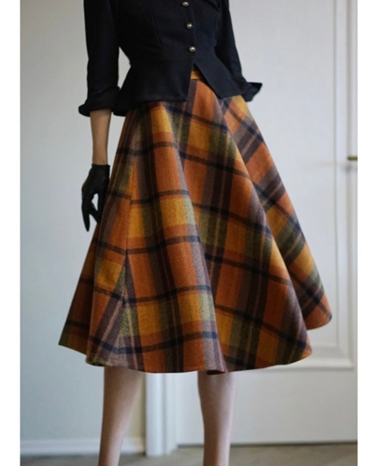 Fall Shadows Plaid Wool Vintage-Academia Skirt