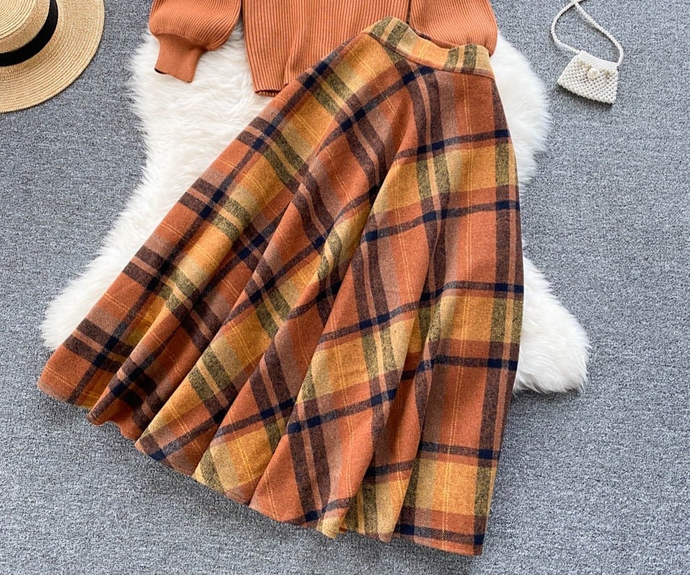 Fall Shadows Plaid Wool Vintage-Academia Skirt