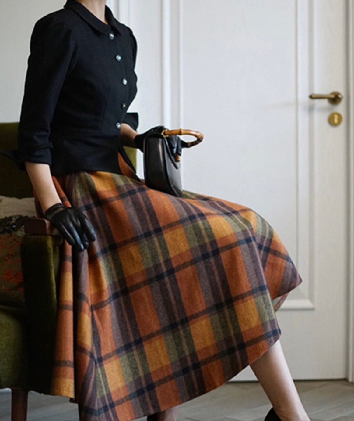 Fall Shadows Plaid Wool Vintage-Academia Skirt