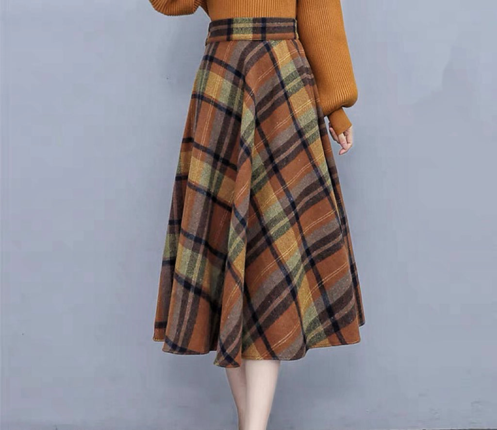 Fall Shadows Plaid Wool Vintage-Academia Skirt