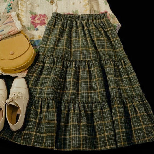 Goblincore Forest Green Plaid Wool Fall Skirt
