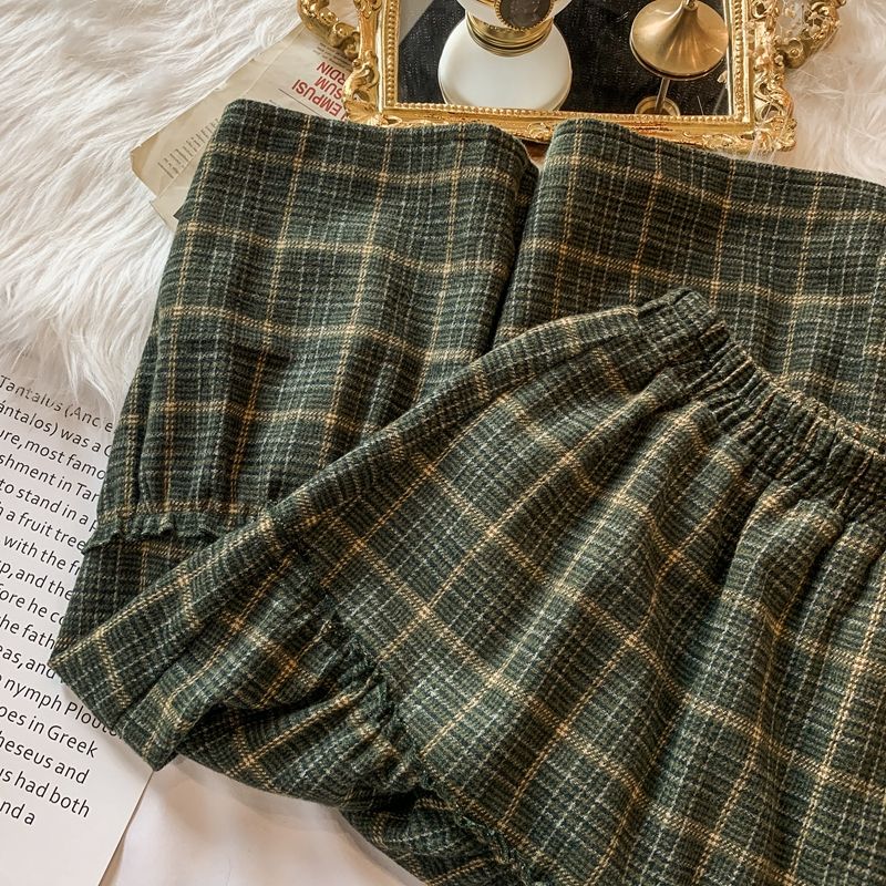 Goblincore Forest Green Plaid Wool Fall Skirt