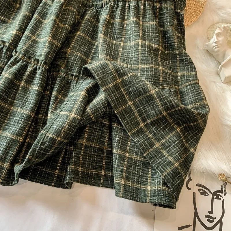 Goblincore Forest Green Plaid Wool Fall Skirt