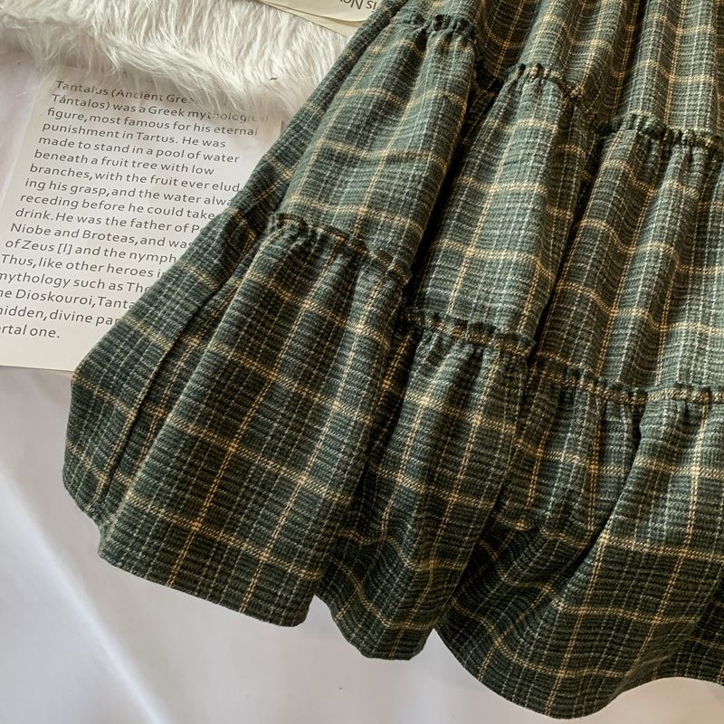 Goblincore Forest Green Plaid Wool Fall Skirt